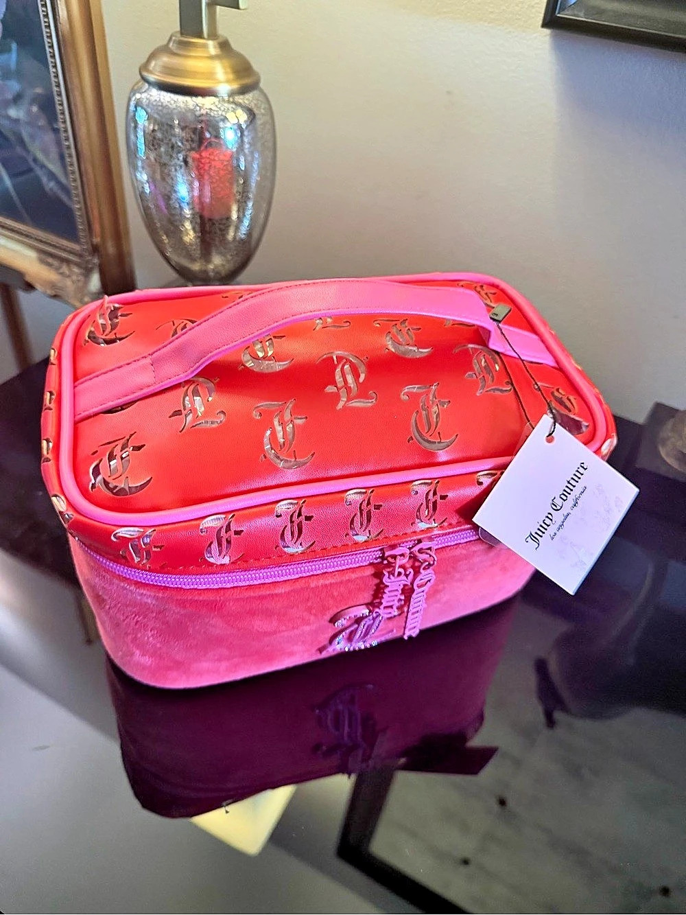 Juicy Couture NWT Velour Train Case Cosmetic Bag Pink & Red